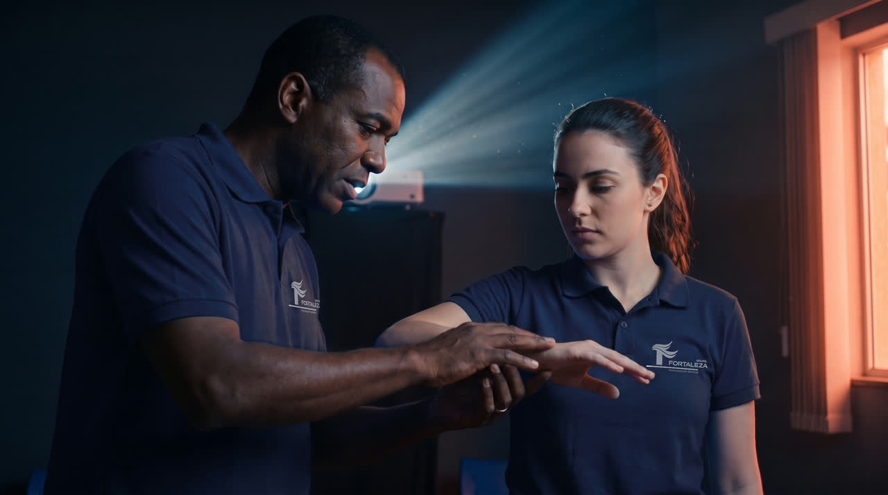 Instrutor demonstrando uma técnica com as mãos para uma profissional em formação.