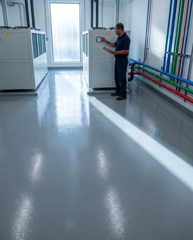 Técnico de manutenção numa escada, ajustando a luminária de teto de um corredor envidraçado.