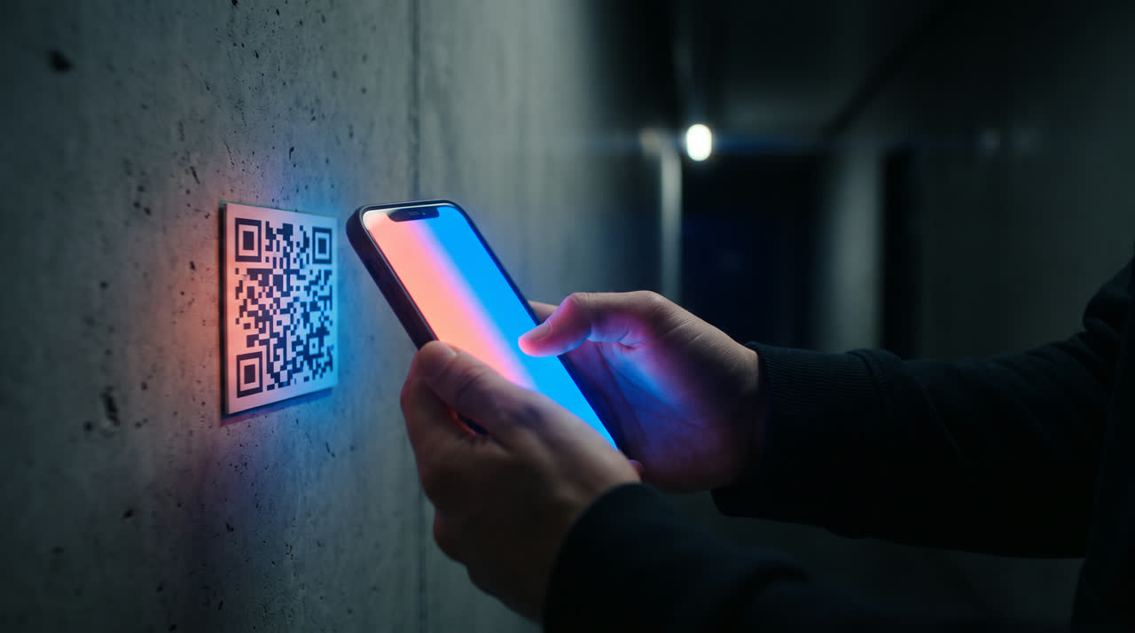 Mãos aproximando um celular de uma placa de QR na parede; a tela ilumina os dedos.