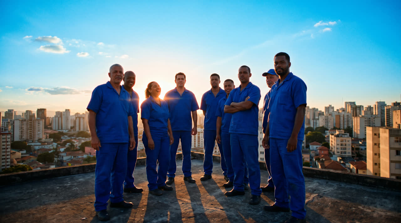 Equipe de oito profissionais num terraço, em contraluz de fim de tarde.